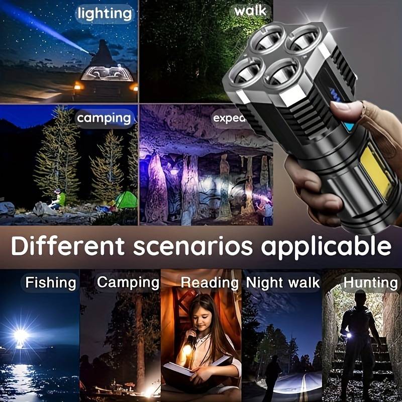 Powerful 4 LED Flashlight With COB Side Light, 4 Modes USB Rechargeable Flash Light, Waterproof, ABS Torch,, Camping Tool. 
