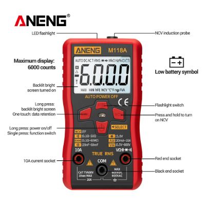 ANENG M118A Digital Mini Multimeter Tester True Rms Auto Mmultimetro Tranistor Meter with NCV Data Hold 6000 Counts Flashlight. 