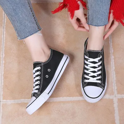 Classic Versatile Casual Canvas Shoes Women's Korean-Style Flat Student  Sneakers Summer Pure Color Tied Breathable White Shoes