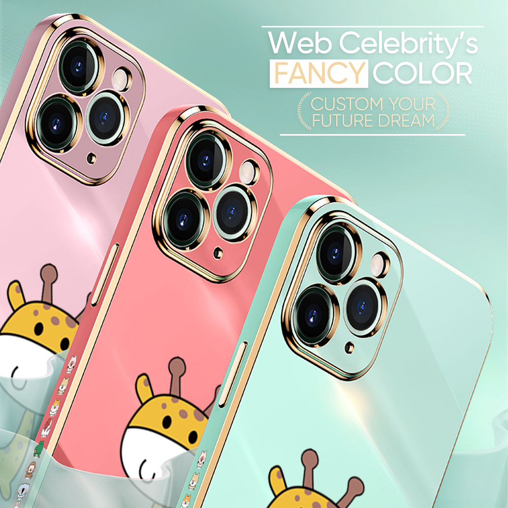 Jizetin (Free Lanyard) iPhone 8 Case Cute Cartoon Big Head Giraffe Luxury 6D Plating Soft Casing Silicone Ultra Thin Phone Cover. 