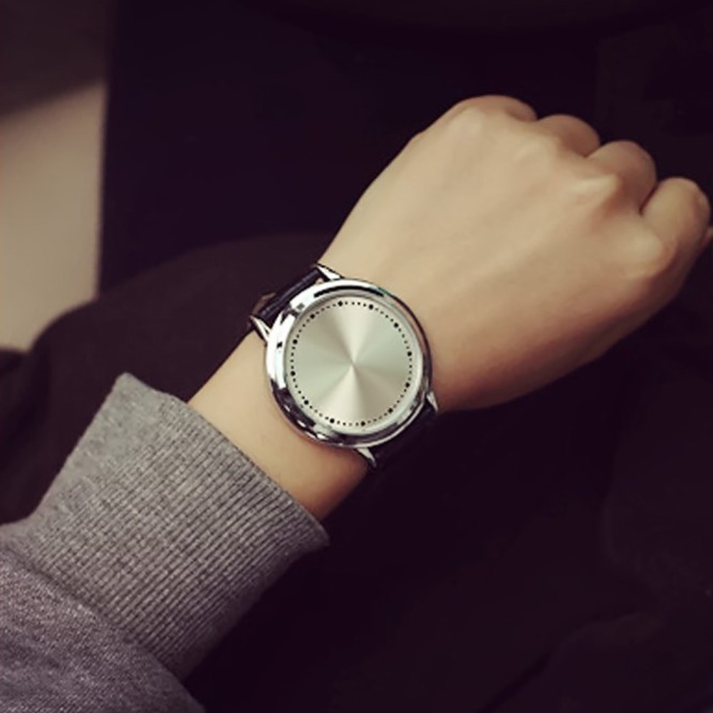Fashion Men LED Tou-ch Control Round Dial Faux Leather Band Quartz Wrist Wa Ladies Dress Watches Gift Luxury. 