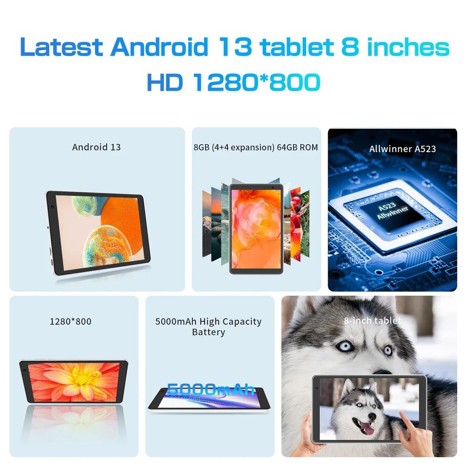 PRITOM 8 Inch Android 13, 8GB(4+4 Expand) RAM 64GB ROM,5000MAH Battery,Dual Camera, WiFi Tablet. 