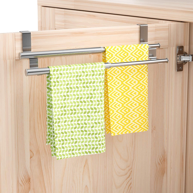 Kitchen Over Cabinet Double Towel Bar Rack, Expandable Hand Towel Holder for Universal Fit on Inside Or Outside. 