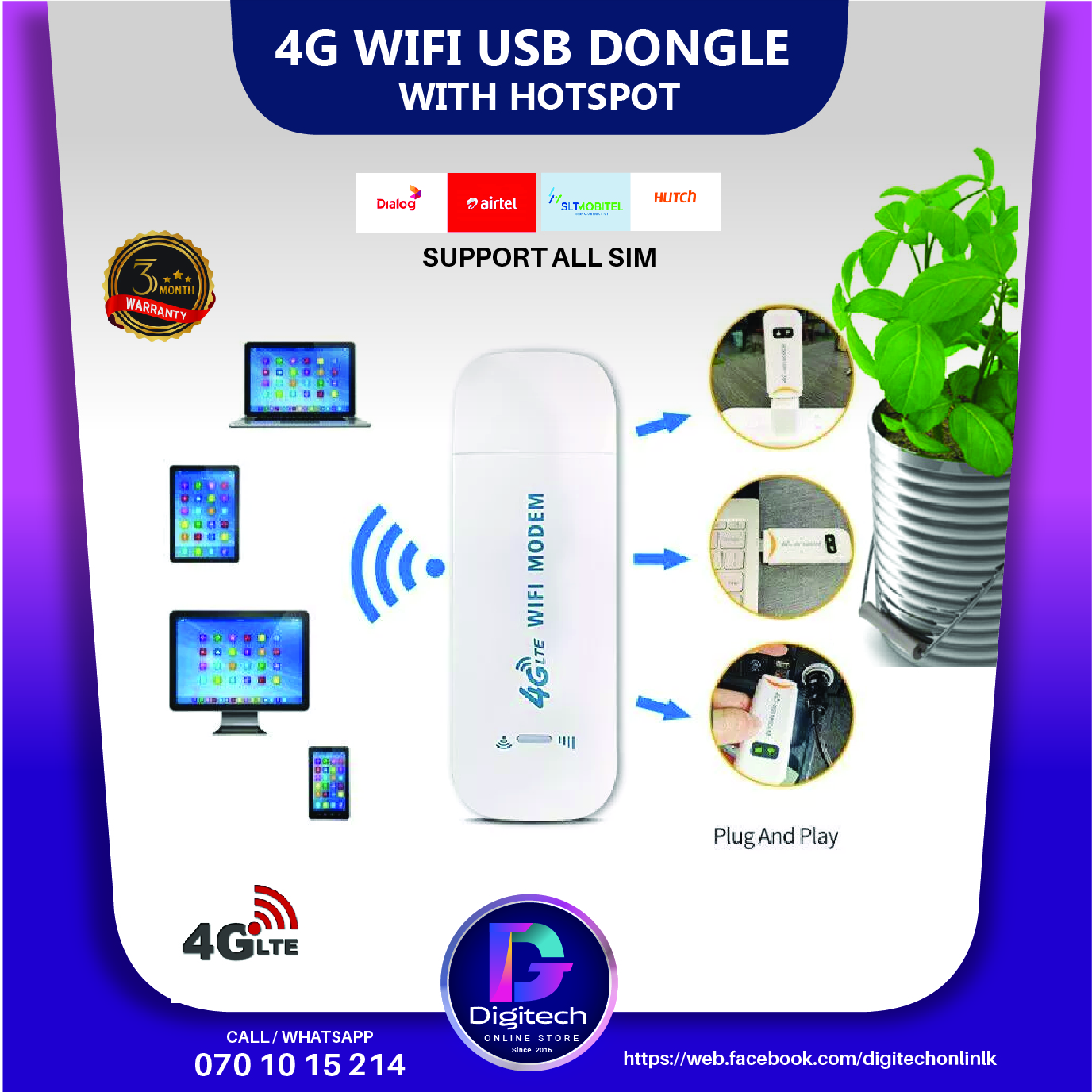 4G Wifi USB With Hotspot Dongle. 