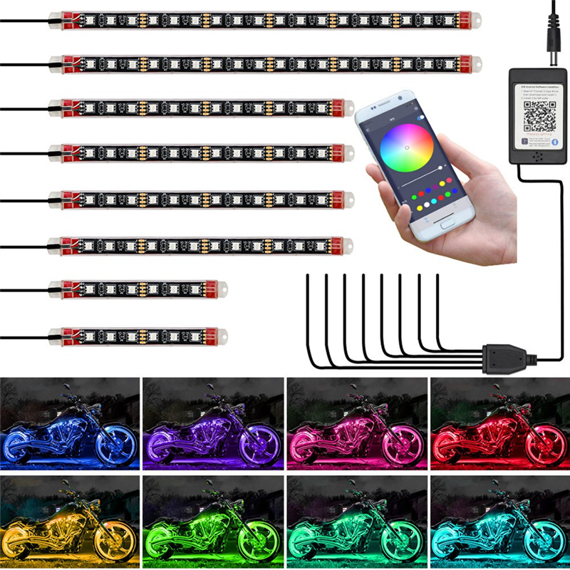 8PCS Motorcycle Underglow LED Light Kit, App Control Multicolor Motorcycle LED Light Kit RGB Strips Light Waterproof Parts Accessories. 
