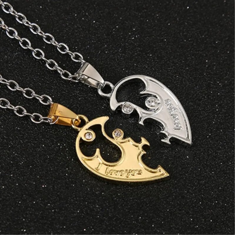 【happy one】Couple Necklace for Women and Two Pieces Heart Shape Paired Necklace Crystal Pendant Necklace Jewelry Gifts. 