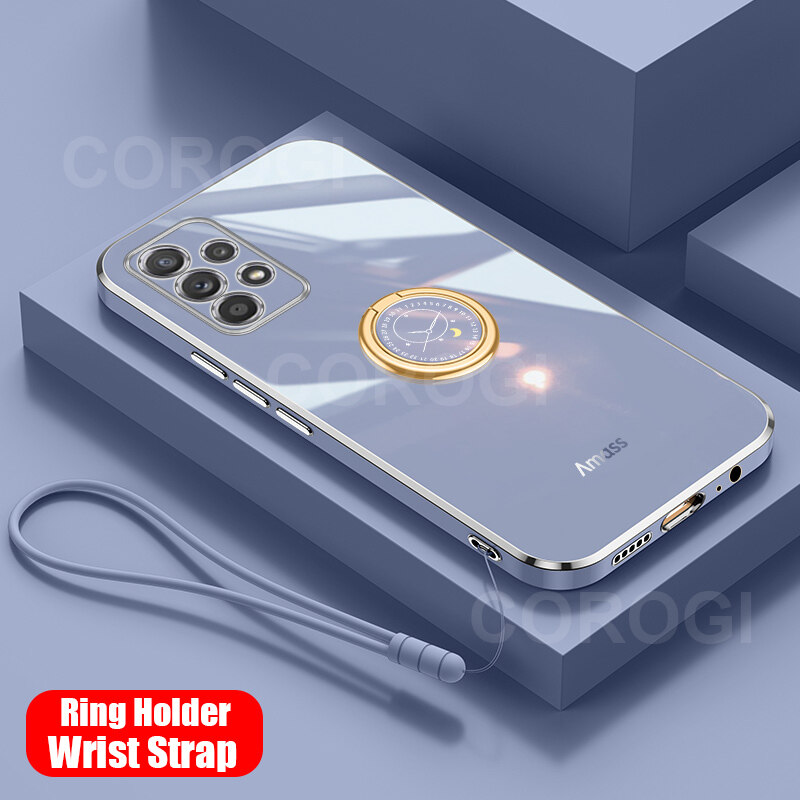 For Samsung Galaxy A23 4G Back Cover with Ring Holder Stand + Wrist Strap Shiny Plating Square Bumper Protective Case Soft Silicone Shockproof Mobile Phone Cases. 