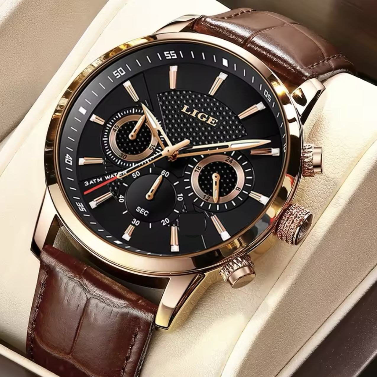 New LIGEx Luxury Leather Band / Stainless Steel Quartz Analog Wrist Watch For Men Black Brown White 178278715 STYLES-CMB (PVT) LTD