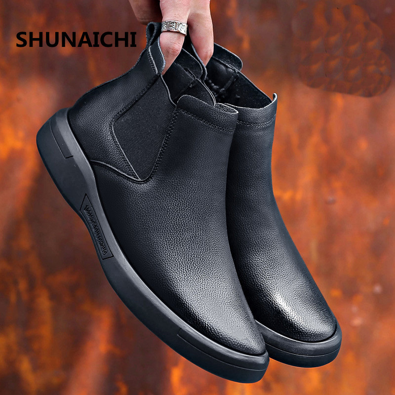 【ALLGOOD】SHUNAICHI Winter Men Chelsea Boots Shoes Black Low Boots For Mens With Fur Men Slip-on Boots Brand Fashion Dress Leather Boots Rubber Sole. 
