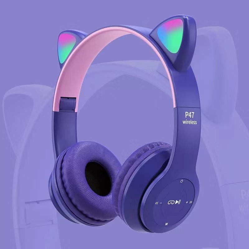 Wireless P47M Headphones Cat Ear LED Light Up Bluetooth-compatible Foldable earphones Over Ear Microphone for Online Distant Learning P47M Cat Ear Bluetooth Headset Wireless Headphone With Mic Noise Cancelling Stereo Music Helmet Phone Headset. 