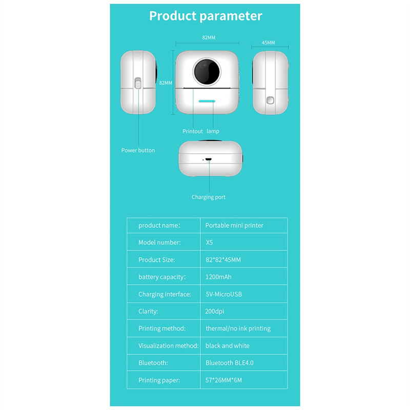X5 Portable Mini Wireless Thermal Pocket Printer for DIY/Note with 10 Rolls Thermal Paper and Sticker B. 