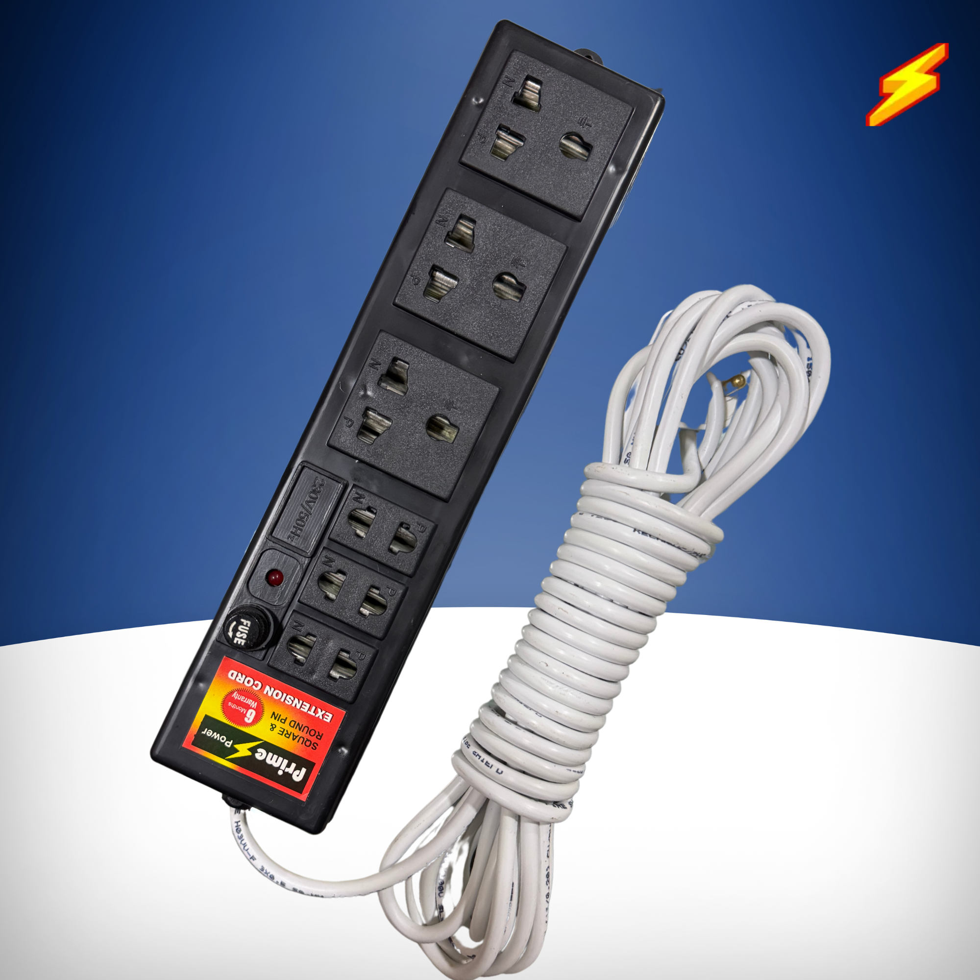 Prime Power Multi Plug Power Extension Cord High Grade Multi Functional Power Cord Socket Square Pin Made in Sri Lanka  6 Months Warranty  3.5 M, 5 M, 7 M Long Cable. 