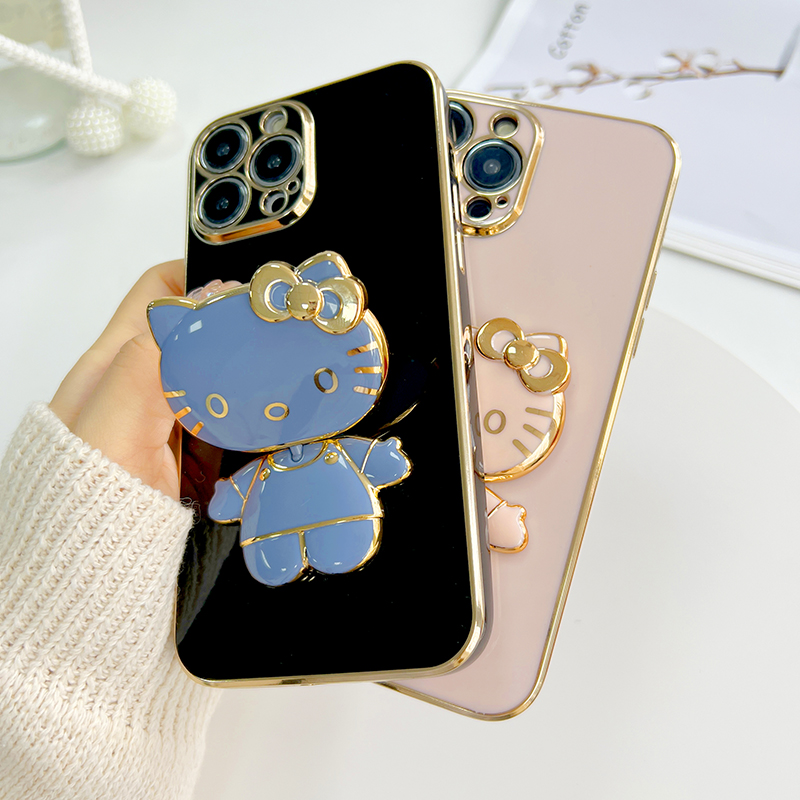 TA for iPhone 6 6S Back Cover Hello Kitty Mirror Folding Bracket Luxury 6D Plating Case Soft Silicone Square Phone Case for Girls. 