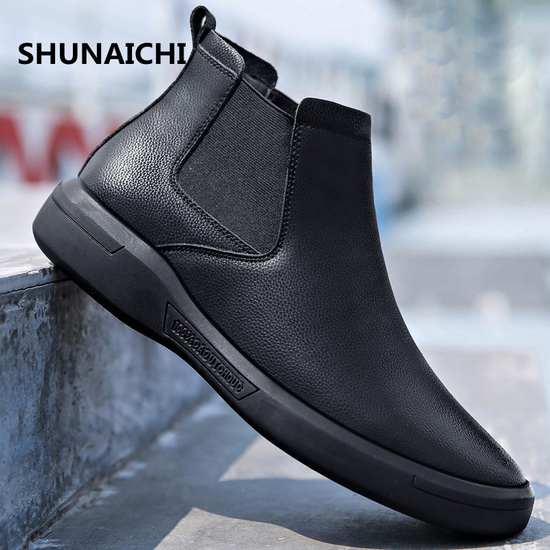 【ALLGOOD】SHUNAICHI Winter Men Chelsea Boots Shoes Black Low Boots For Mens With Fur Men Slip-on Boots Brand Fashion Dress Leather Boots Rubber Sole. 