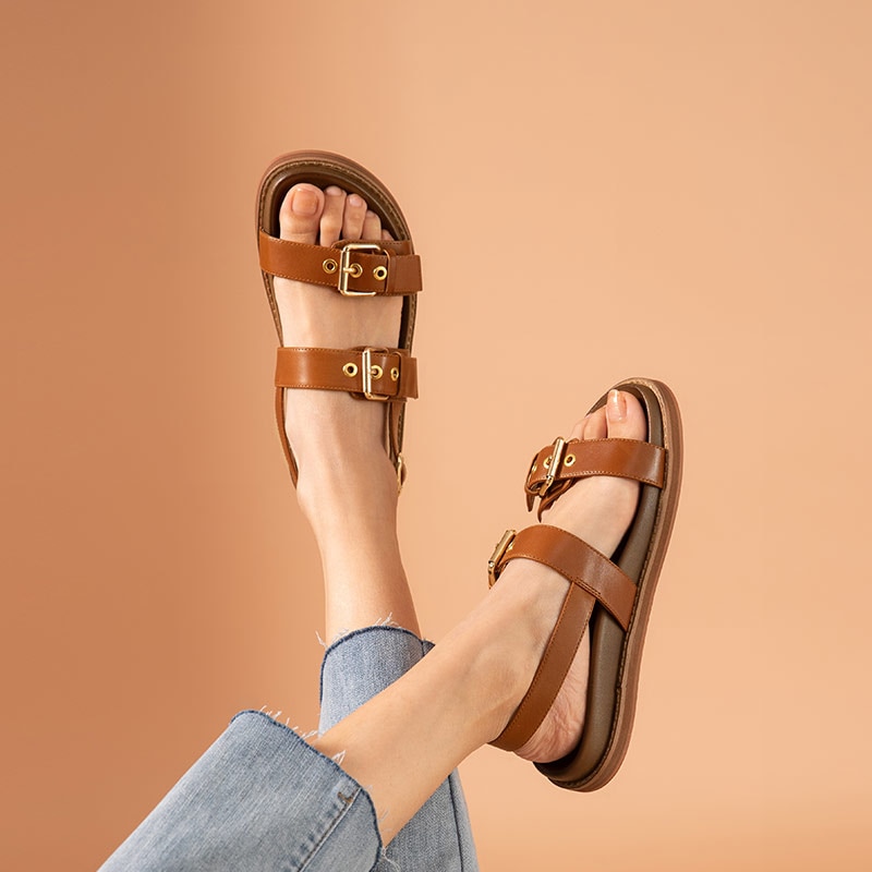 【ALLGOOD】BeauToday  Sandals Women  Cow  Round Toe Double Buckle Summer Beach Back S  Flat Shoes 32353. 
