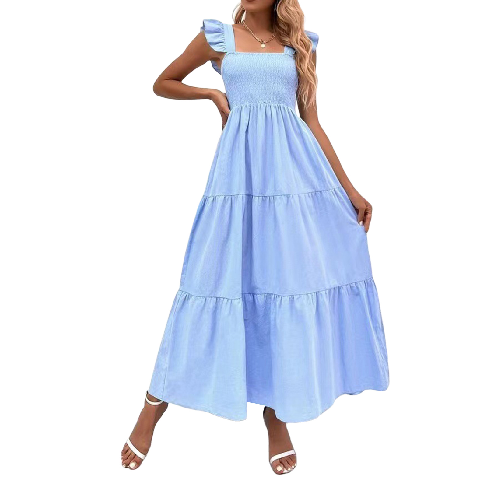 Women Long Dress, Fly Sleeve Square Neck Solid Loose Swing Dress Summer A-line Dress