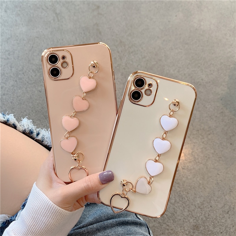 【ThinkWay】Luxury Plating Love Heart Chain Wrist Bracelet Soft Phone Case for Iphone 13 12 Pro Max X XS XR 11 Pro Max 7 8 Plus Coque Cover. 