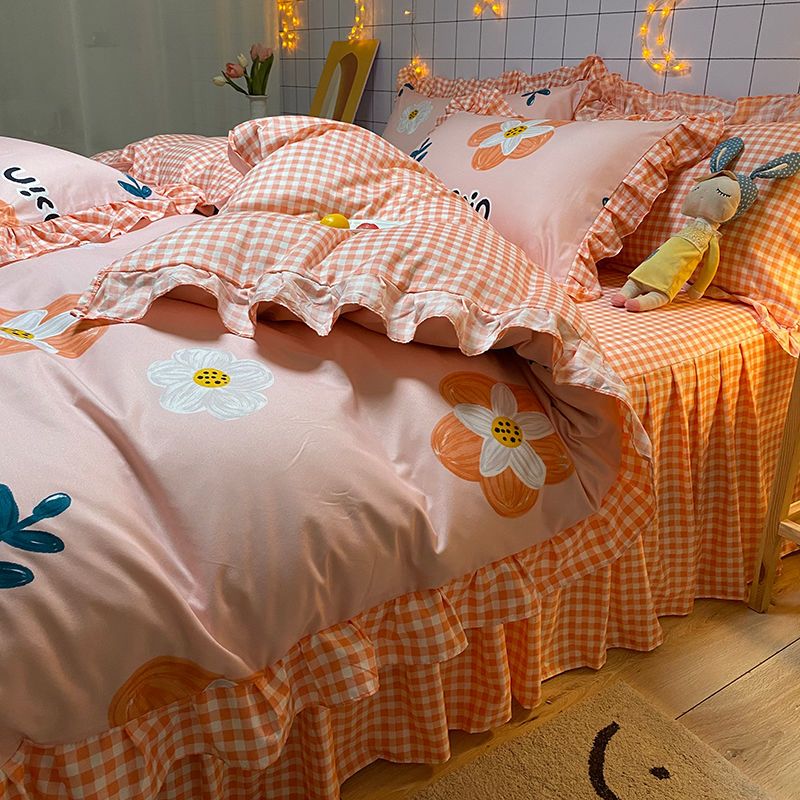 Korean Bed Four-Piece Set Spring and Summer Bedding Princess Style Floral Duvet Cover Bed Sheet Student Dormitory Bed Skirt Three-Piece Set. 