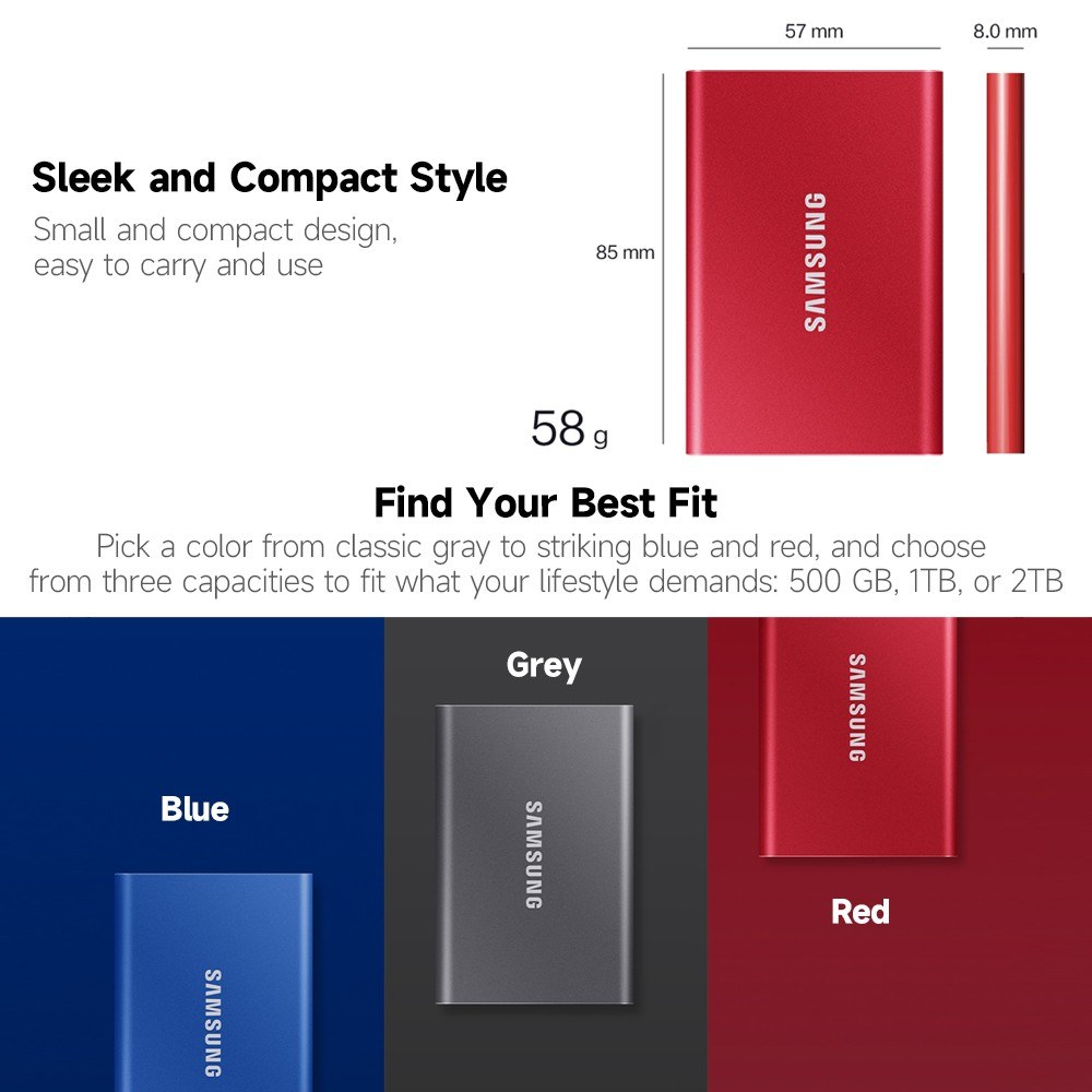 SAMSUNG T7 Type-C USB 3.2 Portable Solid State Drive 500GB Aluminum Alloy Portable SSD up to 1050MB/s Sequential Read Speed Blue-1tb. 