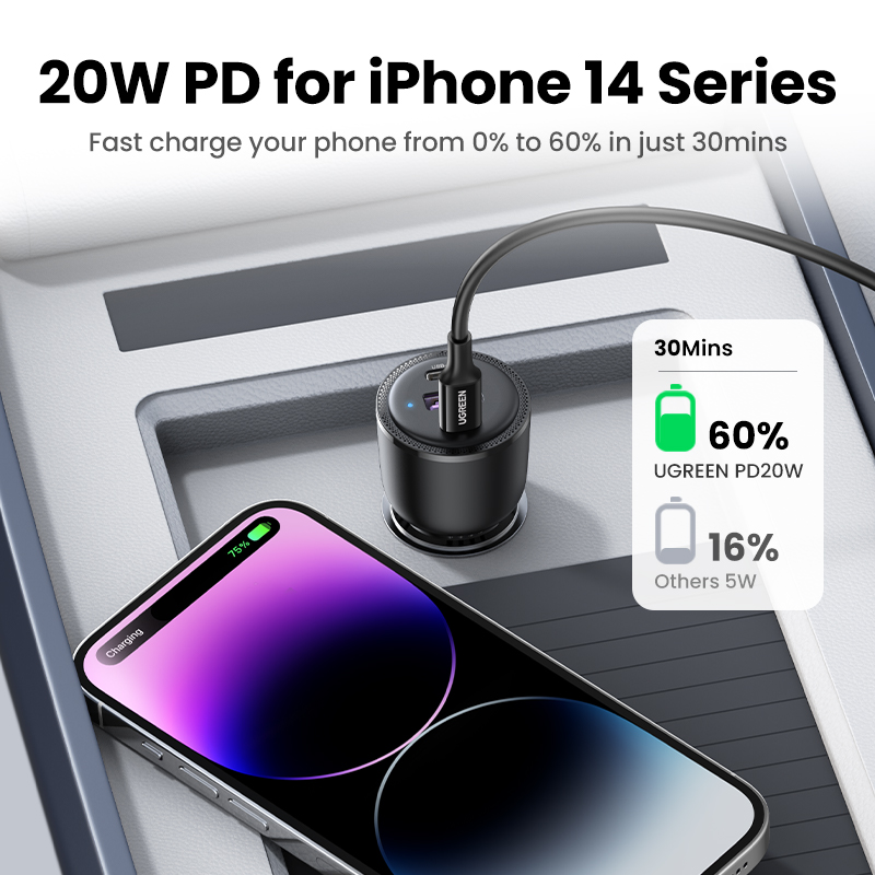 UGREEN PD 69W Super Car Charger Type C USB A for iPhone 15 pro max 14 Pro max Huawei SAMSUNG S24 S23 S22 Realme Fast Car Charger. 