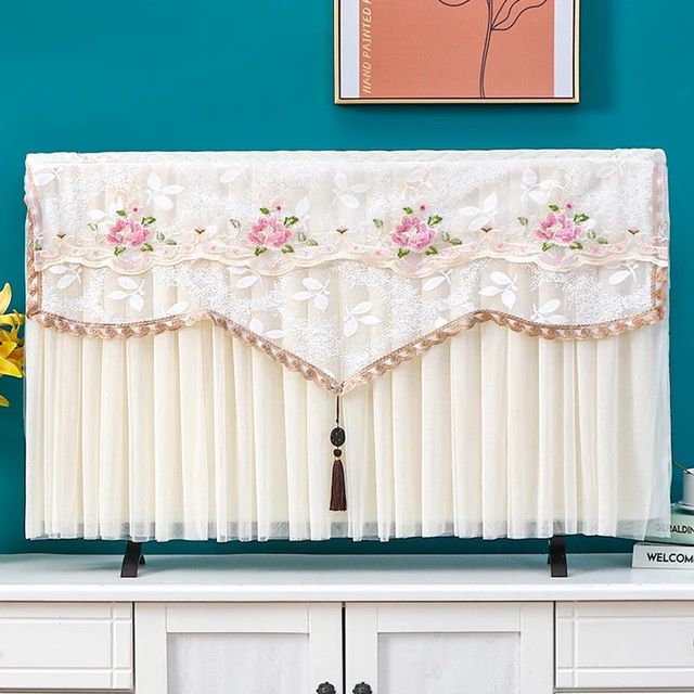 Indoor TV Cover White, Dust and Decorative TV Covers Lace, Flat Screen Protector, Exquisite Living Room Decorations, LCD TV Cover Cover towel  37-40 inches,50-55 Inches. 