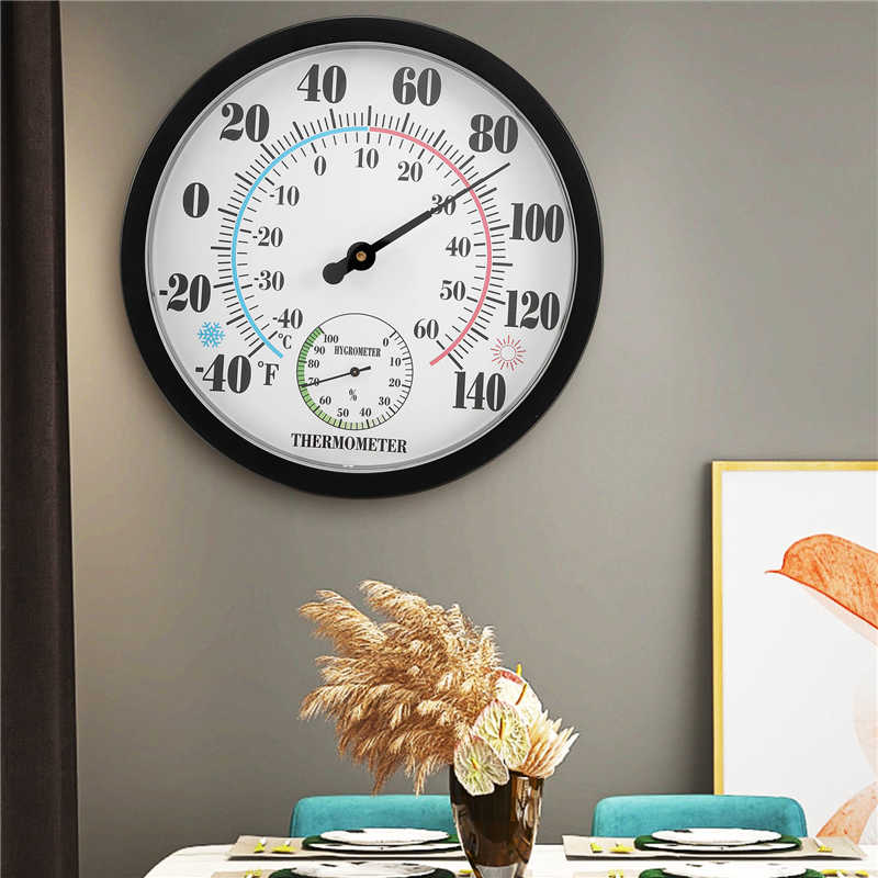 Indoor Outdoor Thermometer Garden Wall Patio Weather Thermometer Hygrometer, Large Number 10 in Diameter (Black). 
