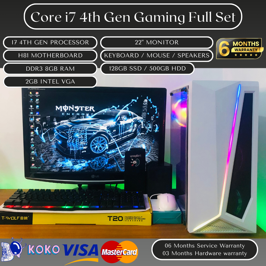 Core I7 4th Gen | 8GB Ram | 128GB SSD | 500GB HDD | 22" Monitor | RGB Gaming Desktop PC Computer Full Set