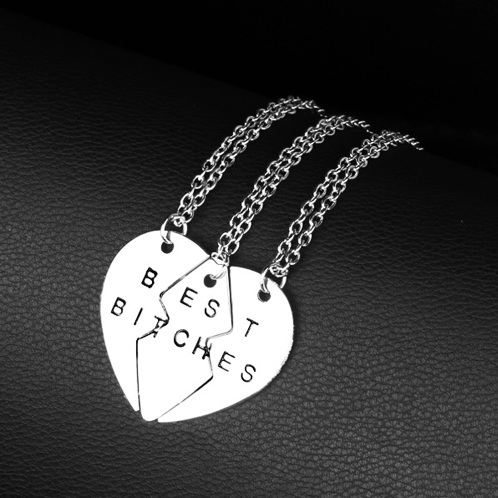 3Pcs/Set Best Bitches Letter Broken Heart Pendant Necklace Friends Jewelry Gift. 