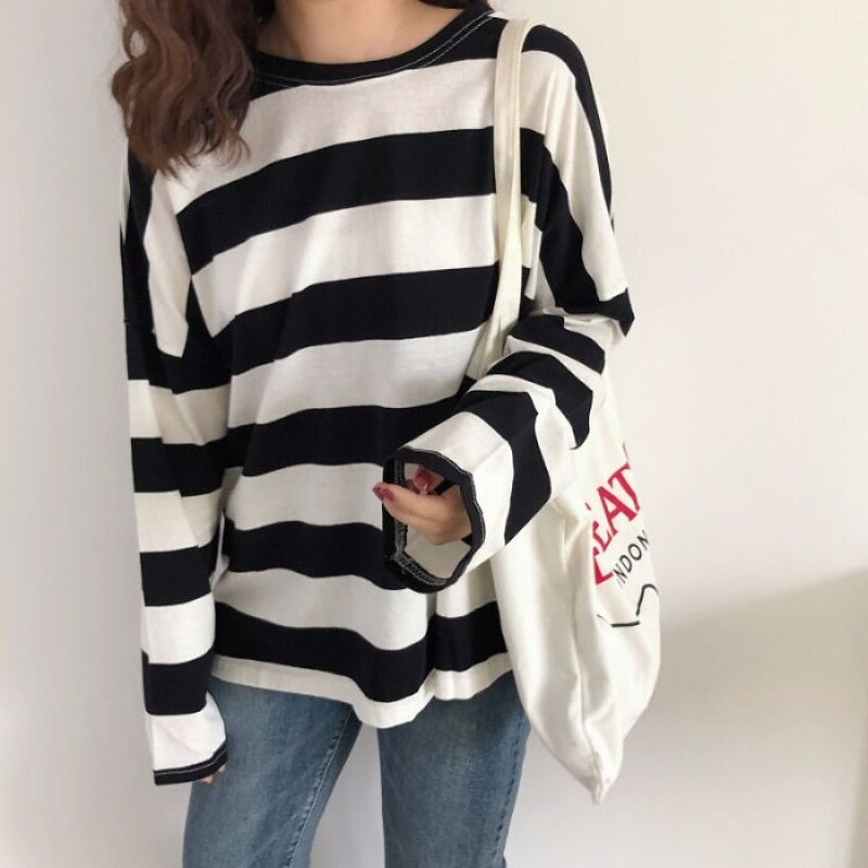 [LazChoice]VIRENE Korean Fashion Plus Size Striped Shirt Fashion Casual Loose Tops Long 1 Sleeve T-shirt Baju Lengan Panjang Pemborong Baju 221104 - Virene Collection. 
