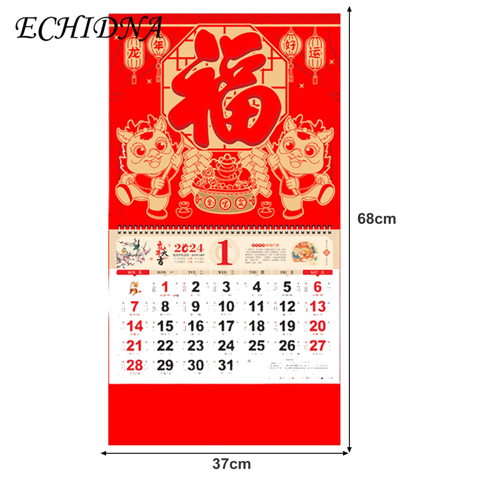 Year of the Dragon Wall Calendar 2024 Red Chinese New Year Wall Calendar Double Coil Tearable Monthly Ornament for Home Office Lunar Dates Wall Calendar. 