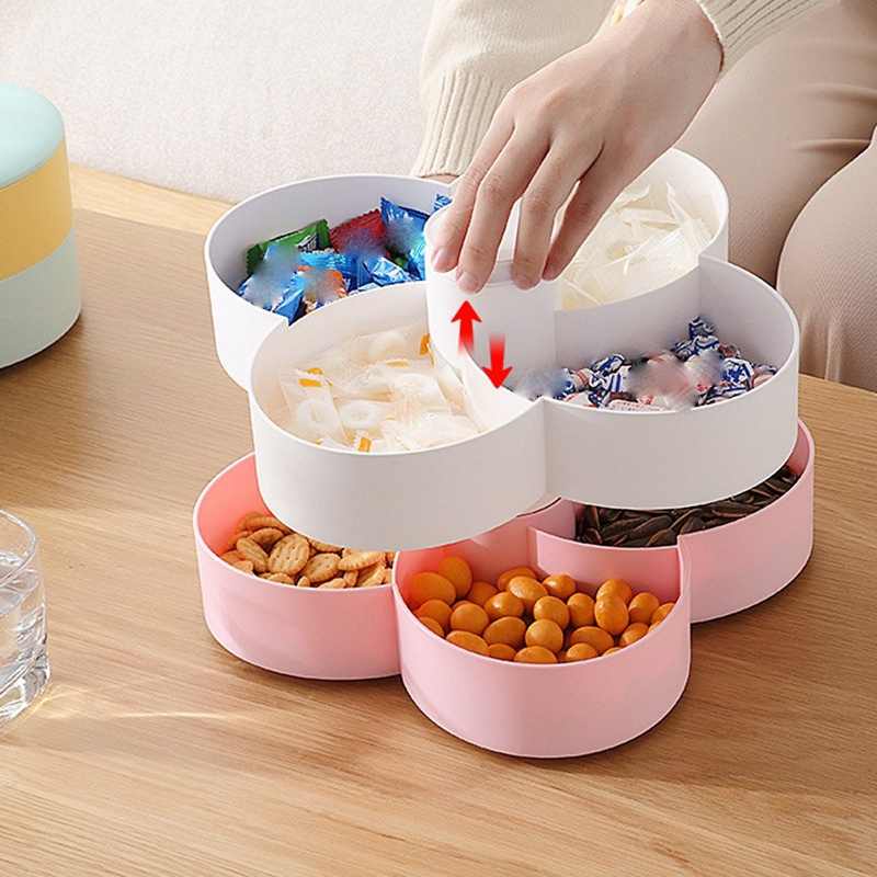 Candy and Nut Container, 6-Compartment Petal-Shaped Plastic Food Storage Lunch Double-Layer Storage Box with Lid. 