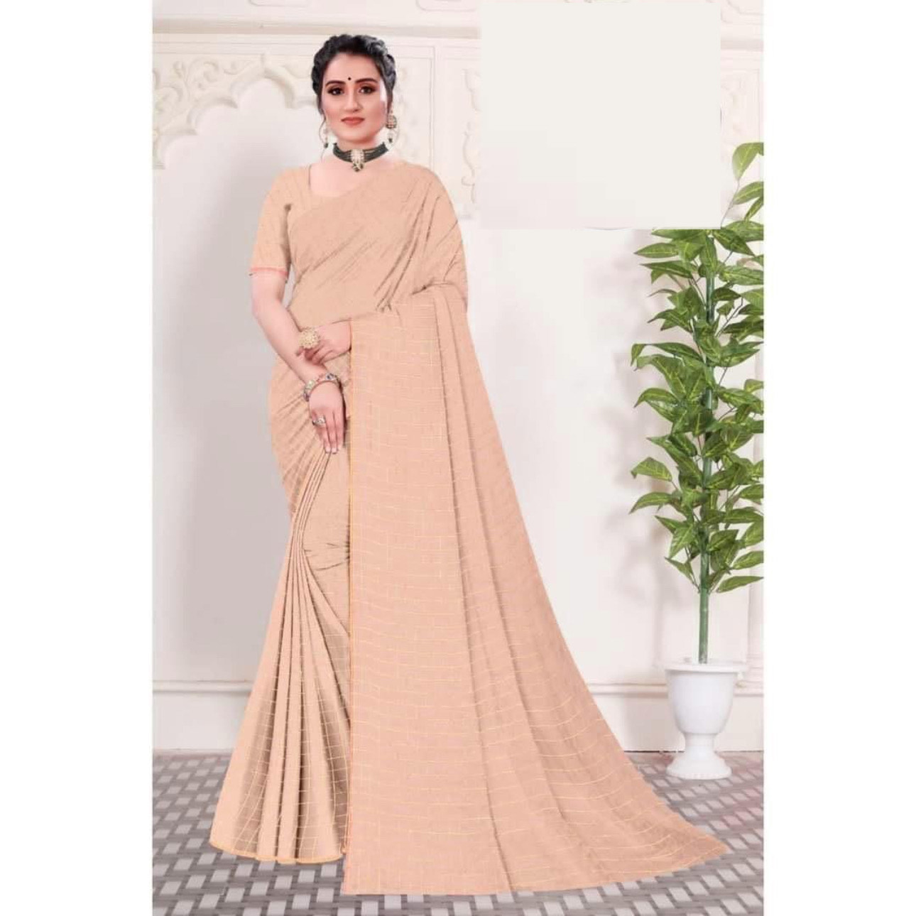 Gold Check Saree with Blouse - Kusum Brand Party Casual Wear Checked Design Cotton Sarees with Jacket Piece