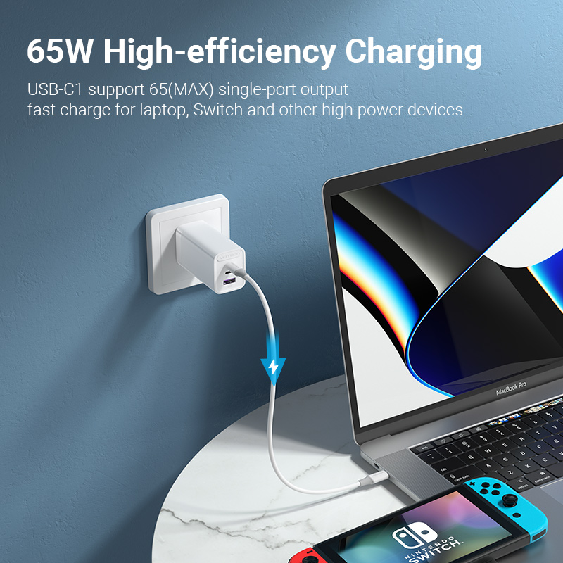 Vention 65W GaN 3 Port USB Type C Fast Charger Quick Charge 4.0 3.0 Type C PD USB Charger for iPhone 15 14 13 Pro Max Samsung S23 S22. 