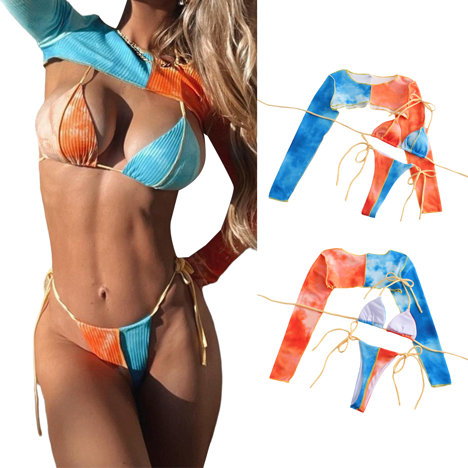 Women Bikini Set, Contrast Color Long Sleeve Shrug with Bra Briefs Summer Swimming Swimsuit