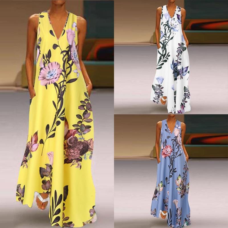 ZANZEA Summer Womens Summer Floral Printed Beach Dress Ladies Long Vest Maxi Dresses. 
