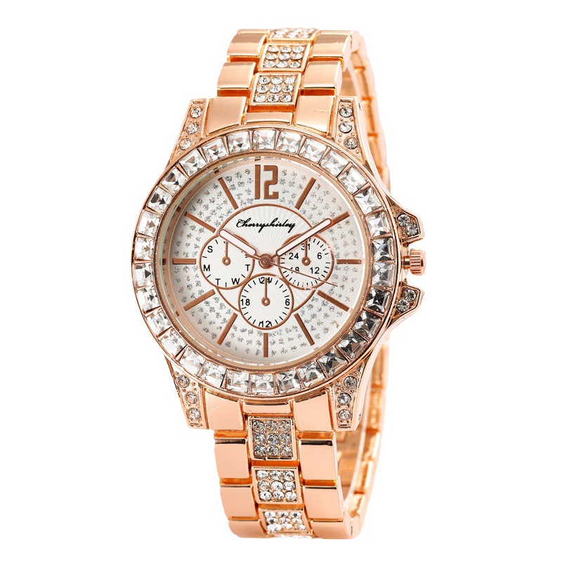 Relógio de pulso de luxo com diamante incrustado e três olhos de quartzo_voghion.com