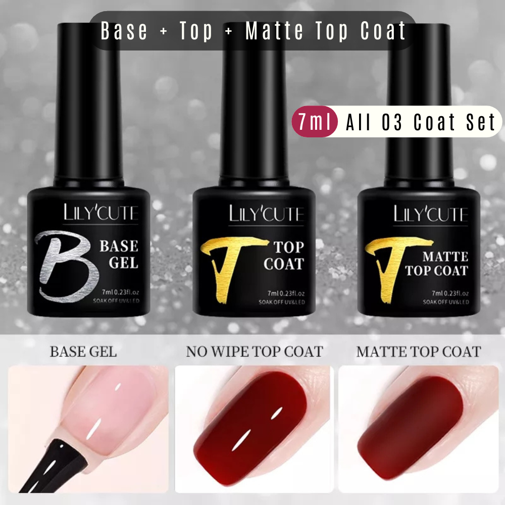 LILYCUTE 7ml 3 Pcs/Set Top Base Matte Coats Semi Permanent Soak Off UV LED For Manicure Enhanced Nail Art. 