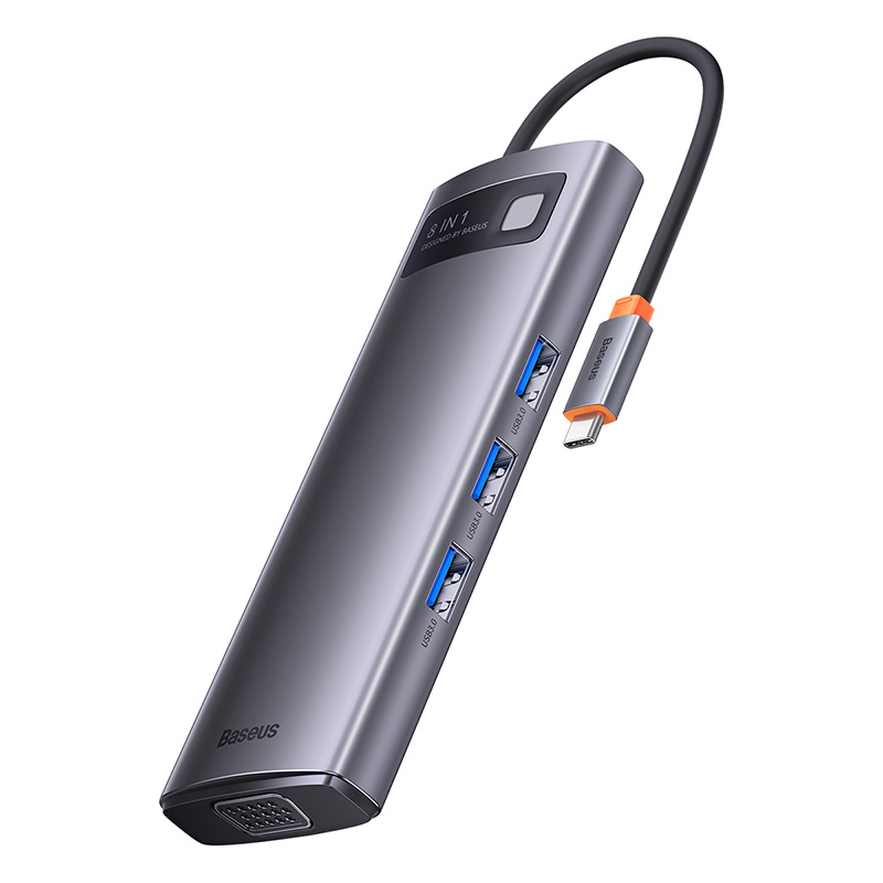 Baseus 8-in-1 Star Joy Series Multifunctional Type-C HUB Docking Station Gray (Type-C to HDMI*1 / VGA*1 /USB3.0*3 / Type C PD*1 / SD&TF*1) 6 Months Warranty. 