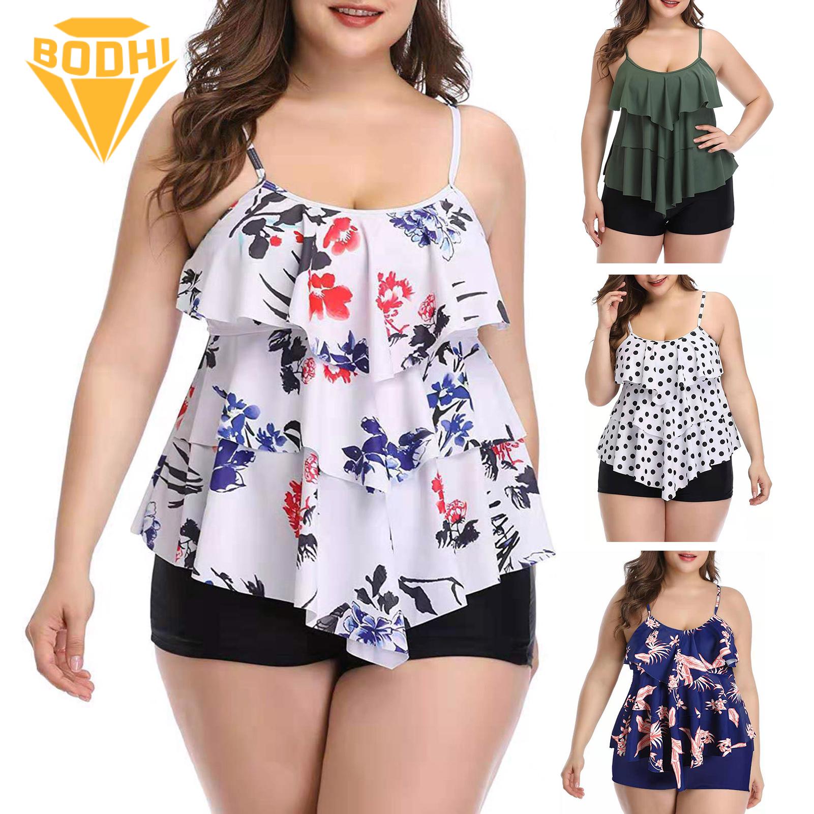 Plus Size Swimsuit Flattering Plus Size Tankini Swimsuit Set with Ruffle Flounce Top Tummy Control Shorts for Beach Vacation Available on Tummy Control Swimwear. 