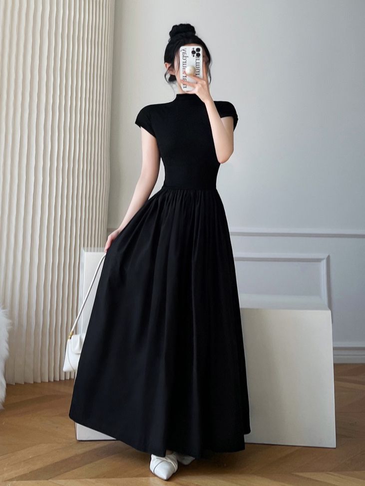 【ZOSR】Black Dress for Women Korean Style Short Sleeve Slim Fitting Retro Casual Longdress