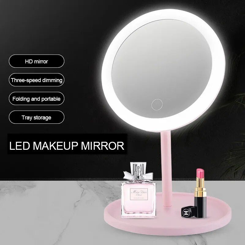 Desk Makeup Mirror with LED Light Lamp and Storage Tray, Dressing Table Rotatable Cosmetic Standing Mirror Light, Adjustable Touch Screen Direct USB Plug in Vanity Mirror. 