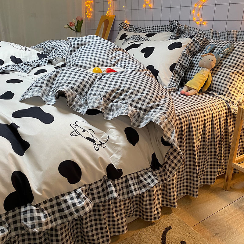 Korean Bed Four-Piece Set Spring and Summer Bedding Princess Style Floral Duvet Cover Bed Sheet Student Dormitory Bed Skirt Three-Piece Set. 
