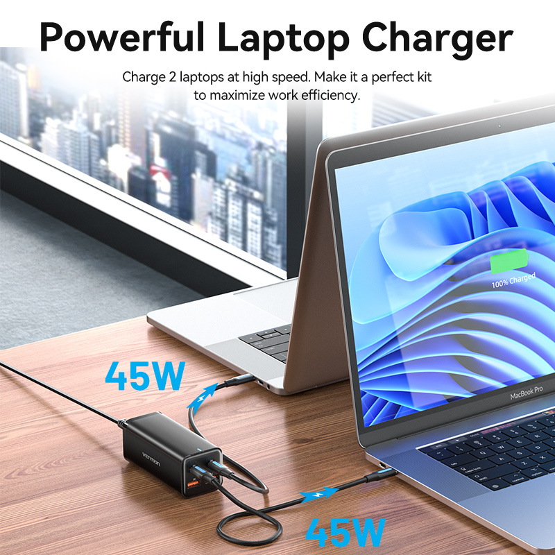 Vention 100W GaN USB C Charger 4 Ports Desktop Fast Charger with AC Power Cord for iPhone 15 14 13 Pro Max Samsung S23 S22 MacBooK iPad pro MacBook Air with 100W 5A USB C to USB C Cable. 
