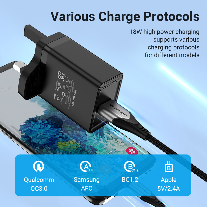 Vention USB Charger Fast Charging Quick 18W Fast Charge QC 3.0 USB Android Fast Charger for Huawei, Redmi Note 10 Pro, Xiaomi Poco X3 NFC, SAMSUNG S20, Realme 6 Pro Wall Charger. 