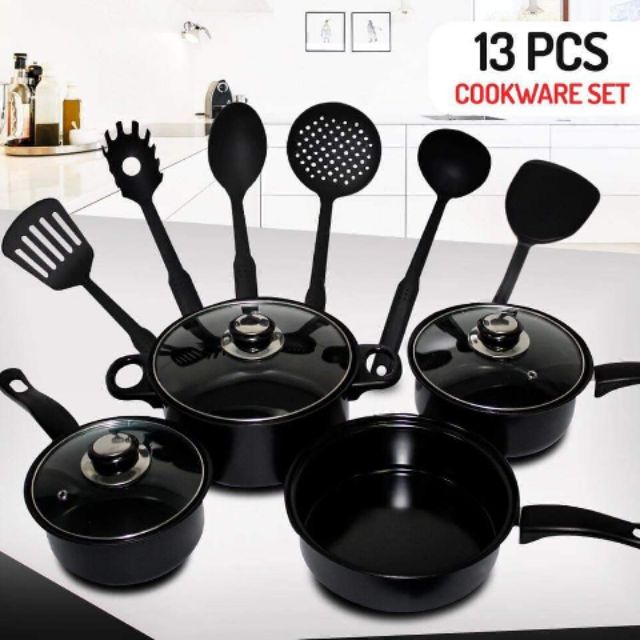 Non-Stick Cookware Set -13 pcs Sauce Pan Set With 6pcs Nonstick Spoon Set Nonstick Fry Pan Nonstick Milk Pot Covered Sauce Pan set 13 Pieces Cookware set 13 Piece Kitchen Ware Set. 
