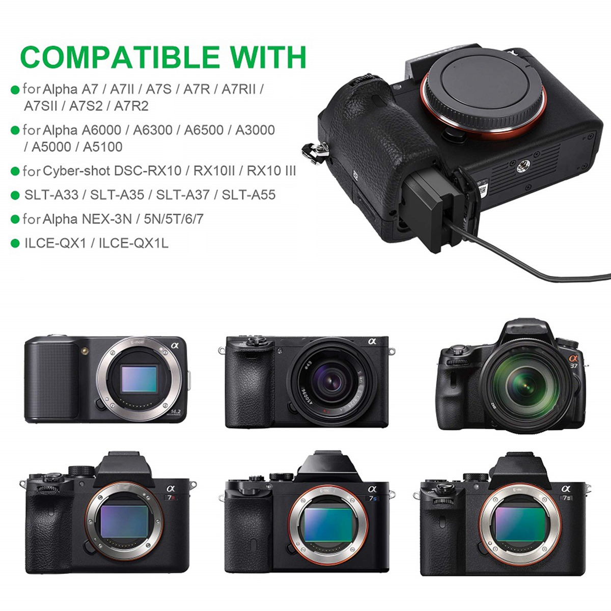 AC-PW20 NP-FW50 Dummy Battery AC Power Supply Adapter DC Coupler Kit for Sony Alpha A5100 A6500 A6400 A6000 A55 A7. 