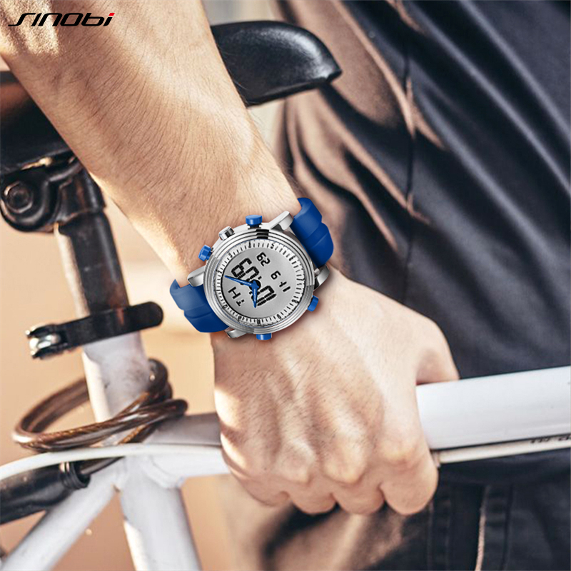 New SINOBI brand Sports Chronograph Men's Wrist Watches Digital Quartz double Movement Waterproof Diving Watchband Males Clock. 