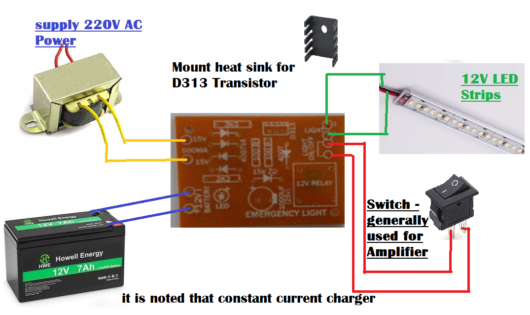 12V emergency light circuit using D313 and Charge Controller of SLA Lead Acid Battery PCB Board Only Production Diy Kit. 