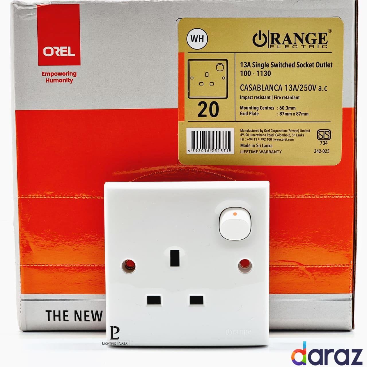13A Plug Base - Orange Electric - Casablanca White - X5 Series - 3 Hole Square Pin - Switched Socket Outlet. 