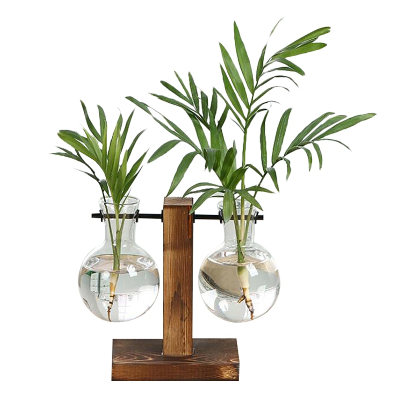 Terrarium Hydroponic Plant Vases Vintage Flower Pot Transparent Vase Wooden Frame Glass Tabletop Plants Home Bonsai Decor. 